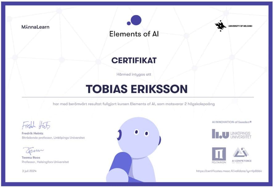 Certifikat, Elements of AI — Helsingfors universitet och Linköpings universitet