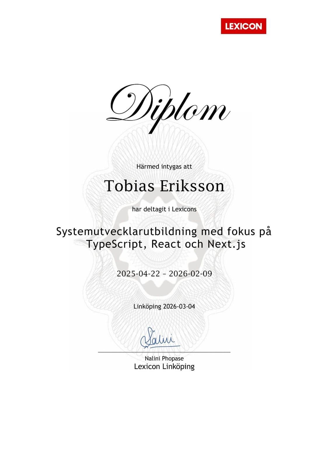 Diplom, Lexicon Linköping — Systemutvecklarutbildning med fokus på TypeScript, React och Next.js