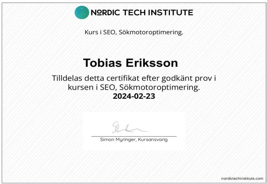 Certifikat, Sökmotoroptimering — Nordic Tech Institute